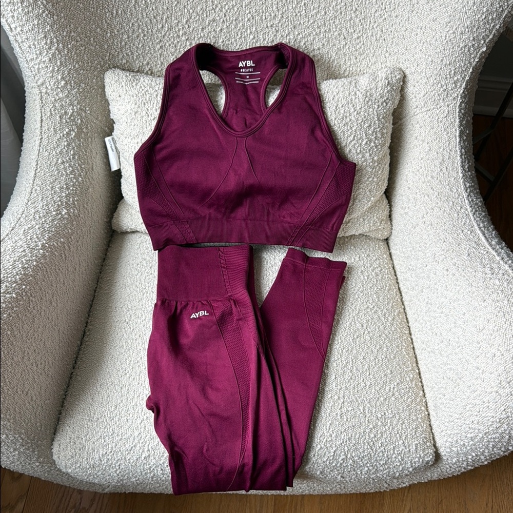 AYBL Women's Burgundy sports bra and matching seamless leggings